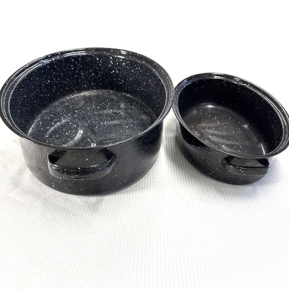 Set of 2 Vintage Speckled Enamelware Oval Roaster Pan W/ Lid (≈ 16x12